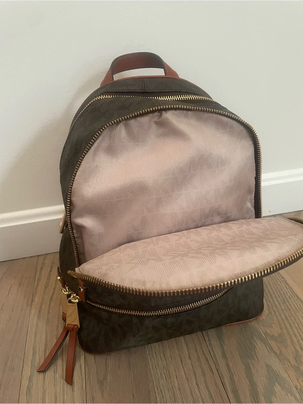 Michael Kors Rhea Women Medium MK Logo Backpack Brown Satchel Handbag